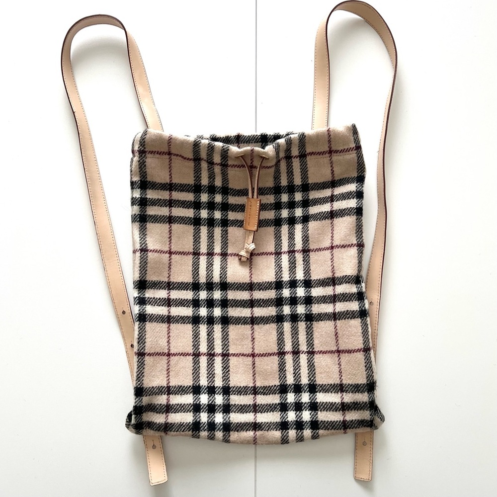 Burberry Tan and Black Check Wool Classic Backpack With Leather Straps